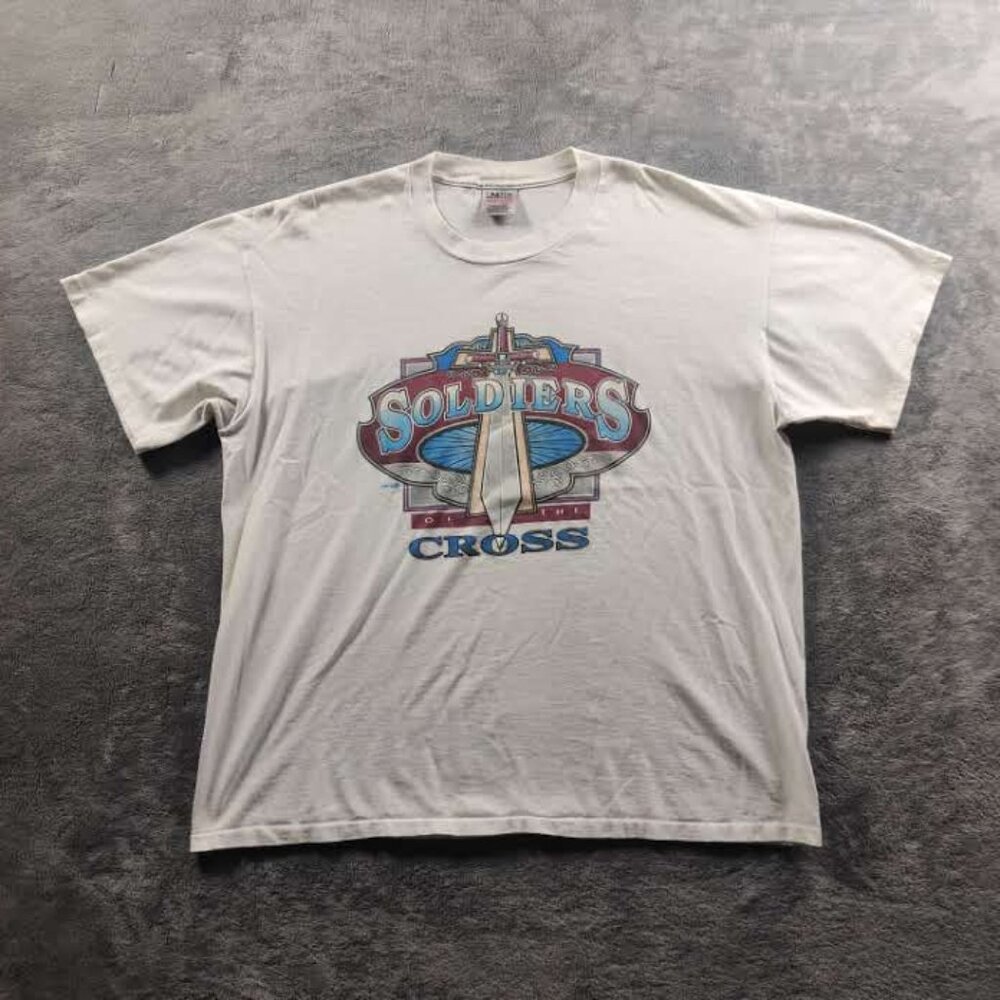 VINTAGE 1997 Jesus Shirt Adult Mens XL White Short Sleeve Soldiers Of The Cross